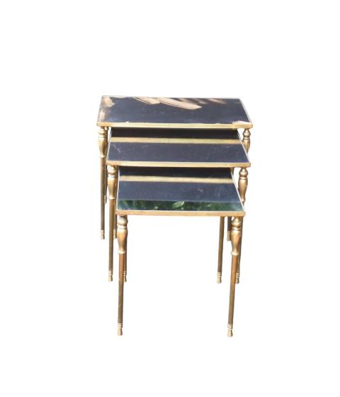 A set of 3 brass nesting tables &ndash; with black mirror glass